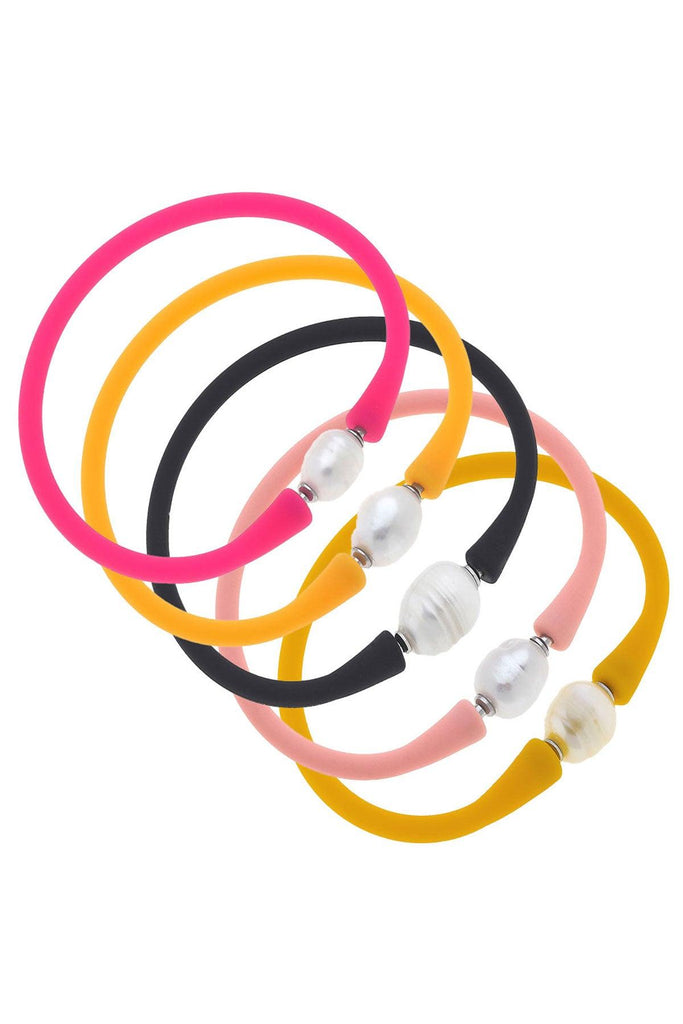 Bali Freshwater Pearl Silicone Bracelet Stack of 5 in Neon Pink, Neon Orange, Black, Light Pink & Cantaloupe - Canvas Style