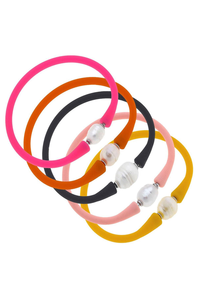 Bali Freshwater Pearl Silicone Bracelet Stack of 5 in Neon Pink, Orange, Black, Light Pink & Cantaloupe - Canvas Style