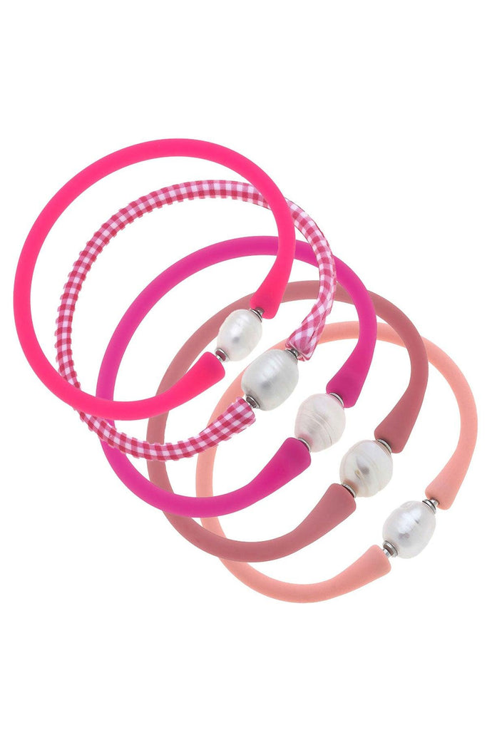 Bali Freshwater Pearl Silicone Bracelet Stack of 5 in Neon Pink, Pink Gingham, Fuchsia, Pink & Light Pink - Canvas Style