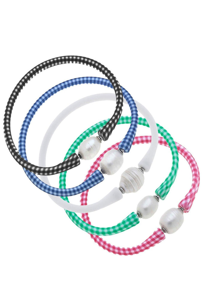 Bali Freshwater Pearl Silicone Bracelet Stack of 5 in Pink Gingham, Green Gingham, White, Blue Gingham, Black Gingham - Canvas Style