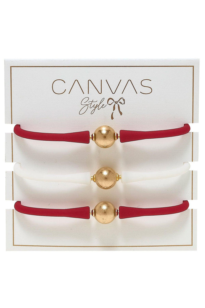 Bali Game Day 24K Gold Bracelet Set of 3 in Crimson & White - Canvas Style