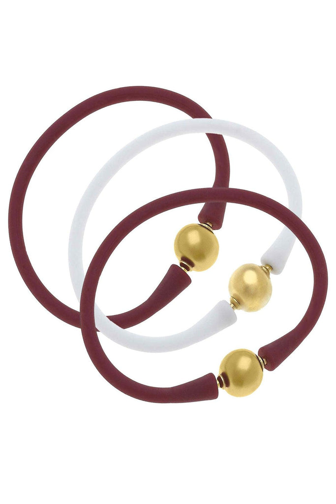 Bali Game Day 24K Gold Bracelet Set of 3 in Maroon & White - Canvas Style