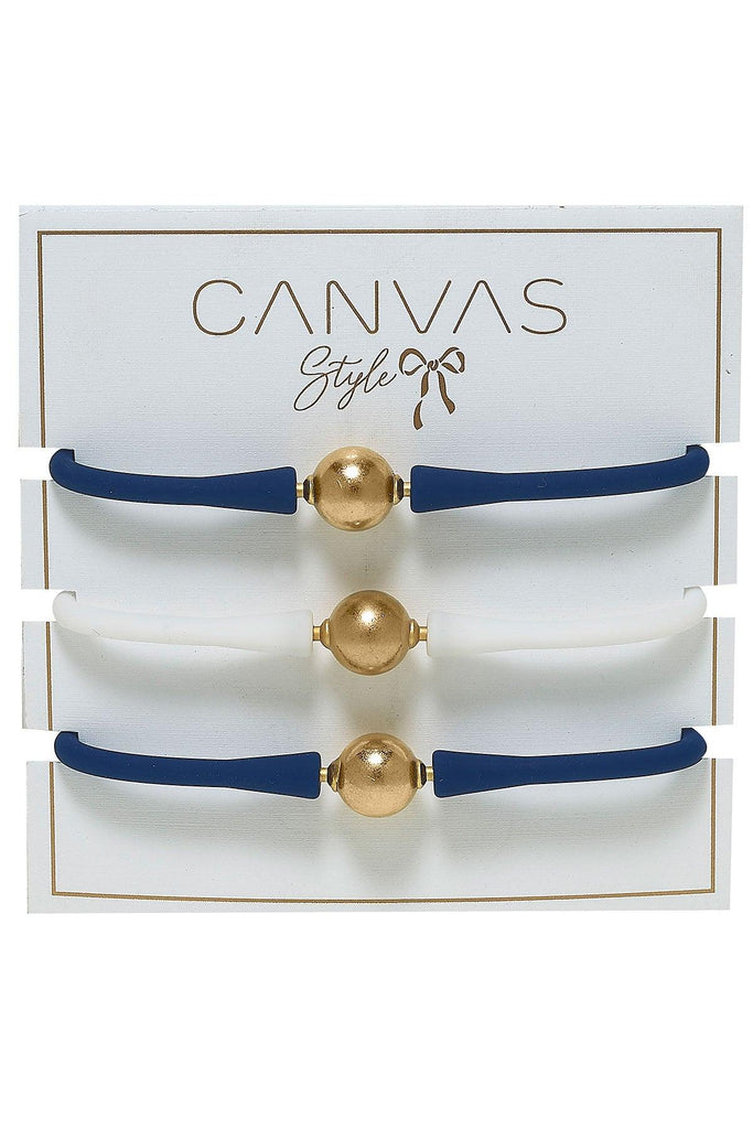 Bali Game Day 24K Gold Bracelet Set of 3 in Royal Blue & White - Canvas Style