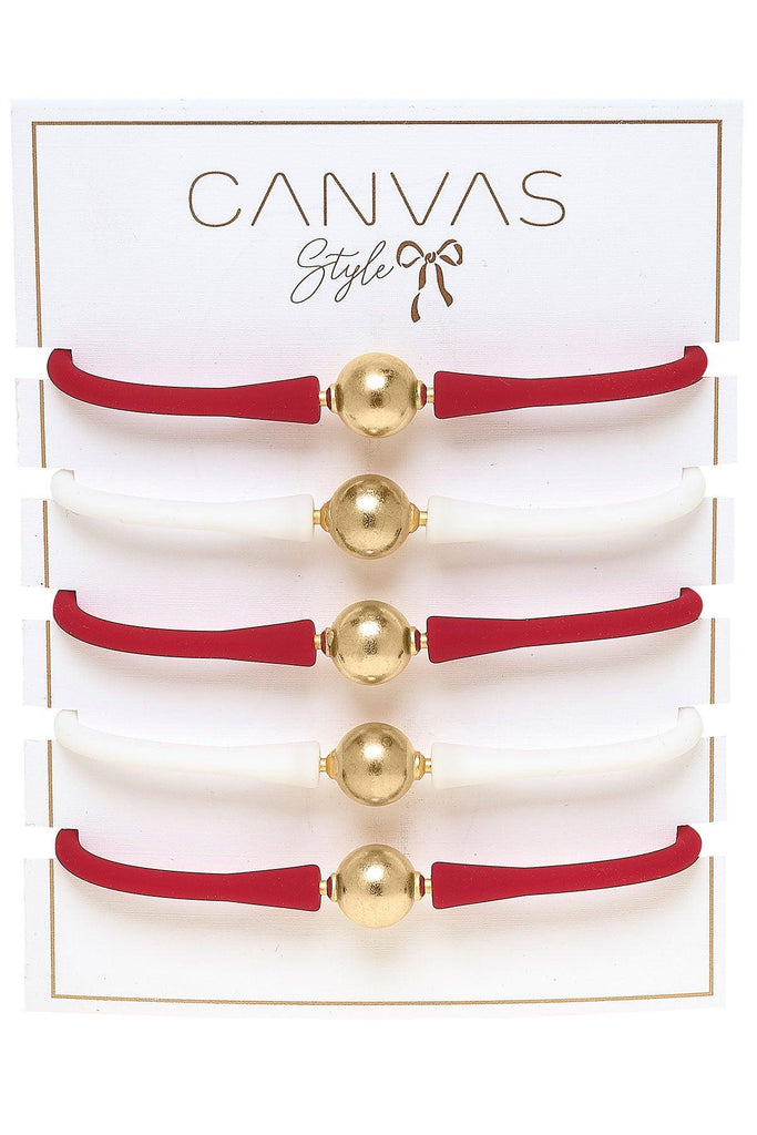 Bali Game Day 24K Gold Bracelet Set of 5 in Crimson & White - Canvas Style