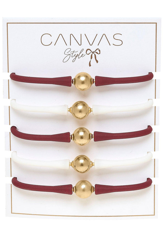 Bali Game Day 24K Gold Bracelet Set of 5 in Maroon & White - Canvas Style