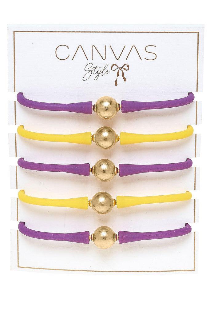 Bali Game Day 24K Gold Bracelet Set of 5 in Purple & Yellow - Canvas Style