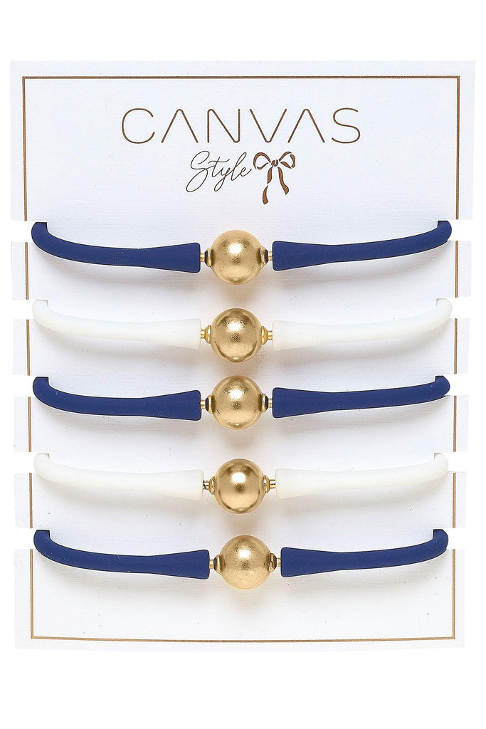 Bali Game Day 24K Gold Bracelet Set of 5 in Royal Blue & White - Canvas Style