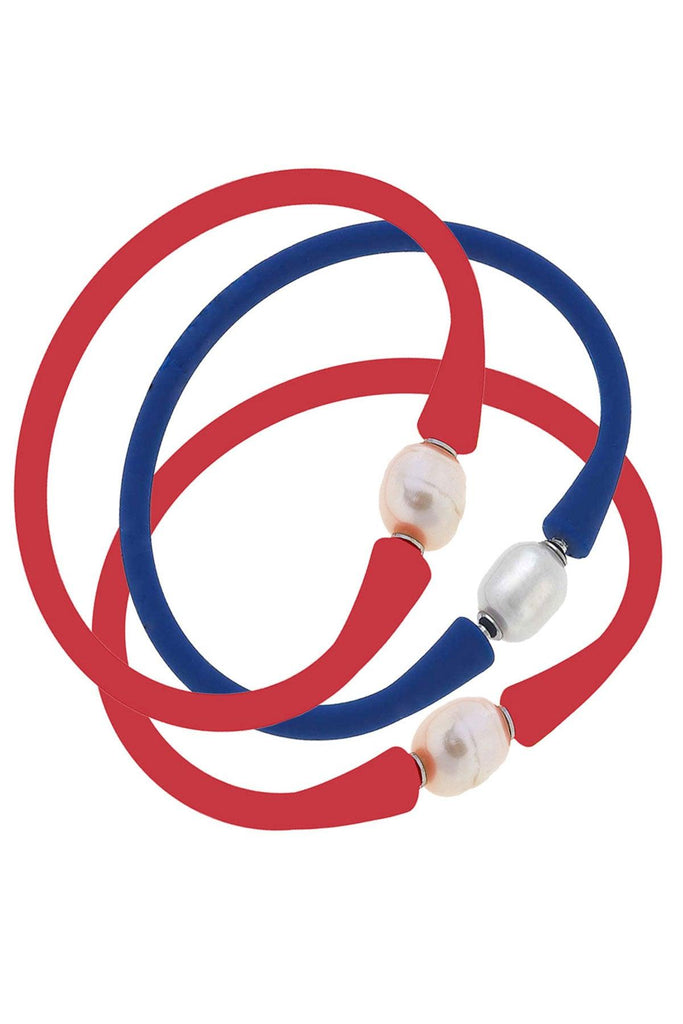 Bali Game Day Freshwater Pearl Bracelet Set of 3 in Red & Royal Blue - Canvas Style