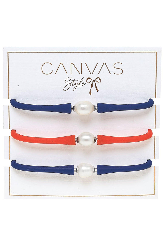 Bali Game Day Freshwater Pearl Bracelet Set of 3 in Royal Blue & Orange - Canvas Style