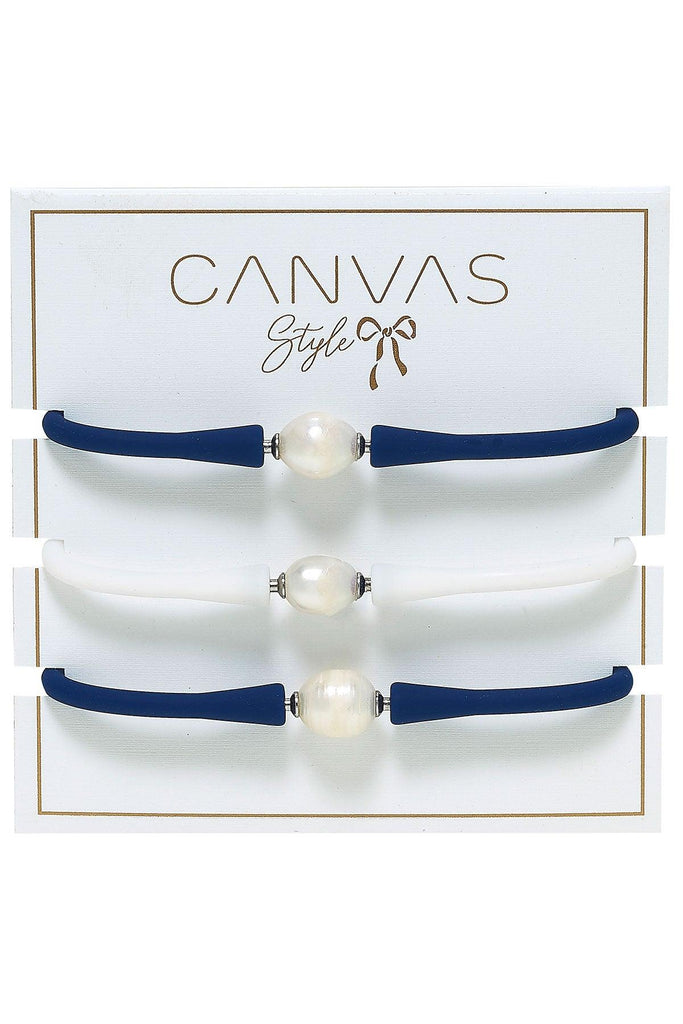 Bali Game Day Freshwater Pearl Bracelet Set of 3 in Royal Blue & White - Canvas Style