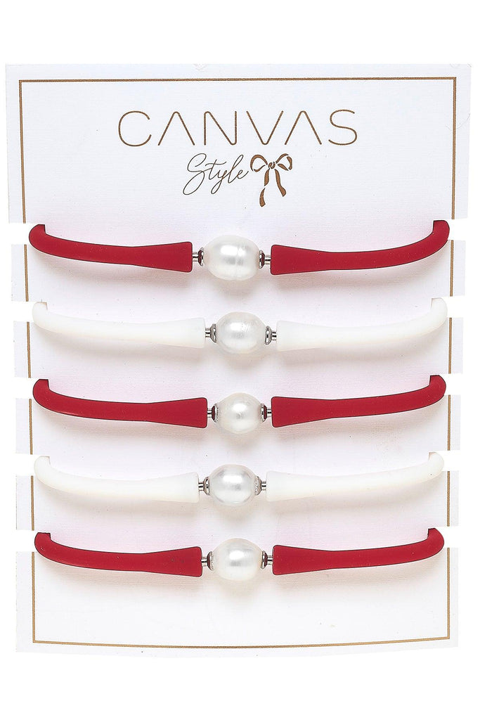 Bali Game Day Freshwater Pearl Bracelet Set of 5 in Crimson & White - Canvas Style