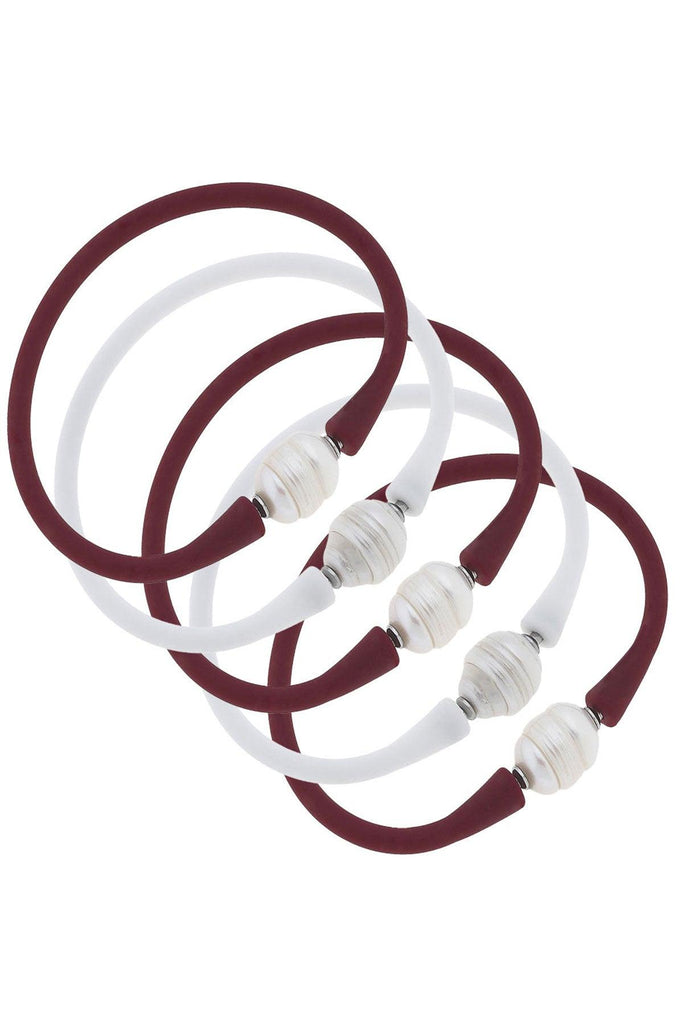 Bali Game Day Freshwater Pearl Bracelet Set of 5 in Maroon & White - Canvas Style