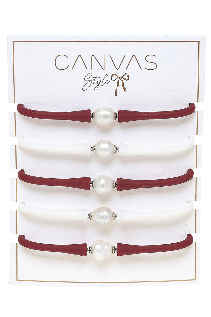 Bali Game Day Freshwater Pearl Bracelet Set of 5 in Maroon & White - Canvas Style