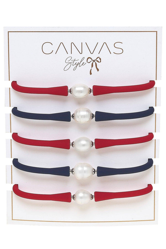 Bali Game Day Freshwater Pearl Bracelet Set of 5 in Navy & Red - Canvas Style