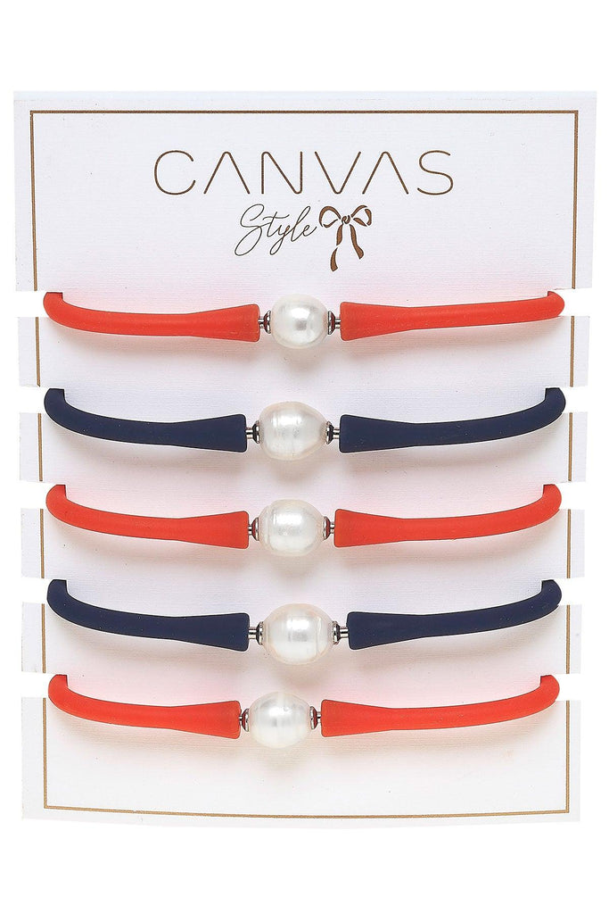 Bali Game Day Freshwater Pearl Bracelet Set of 5 in Orange & Navy - Canvas Style