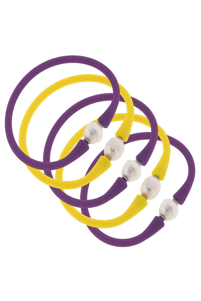 Bali Game Day Freshwater Pearl Bracelet Set of 5 in Purple & Yellow - Canvas Style
