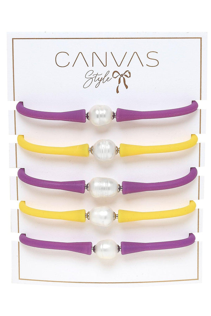 Bali Game Day Freshwater Pearl Bracelet Set of 5 in Purple & Yellow - Canvas Style