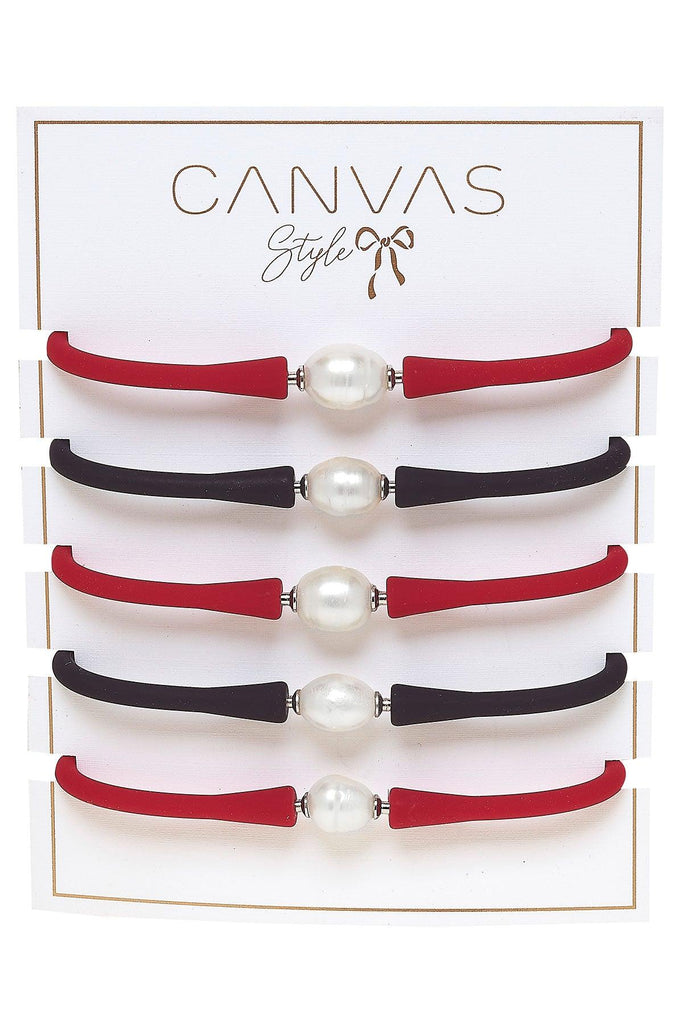 Bali Game Day Freshwater Pearl Bracelet Set of 5 in Red & Black - Canvas Style