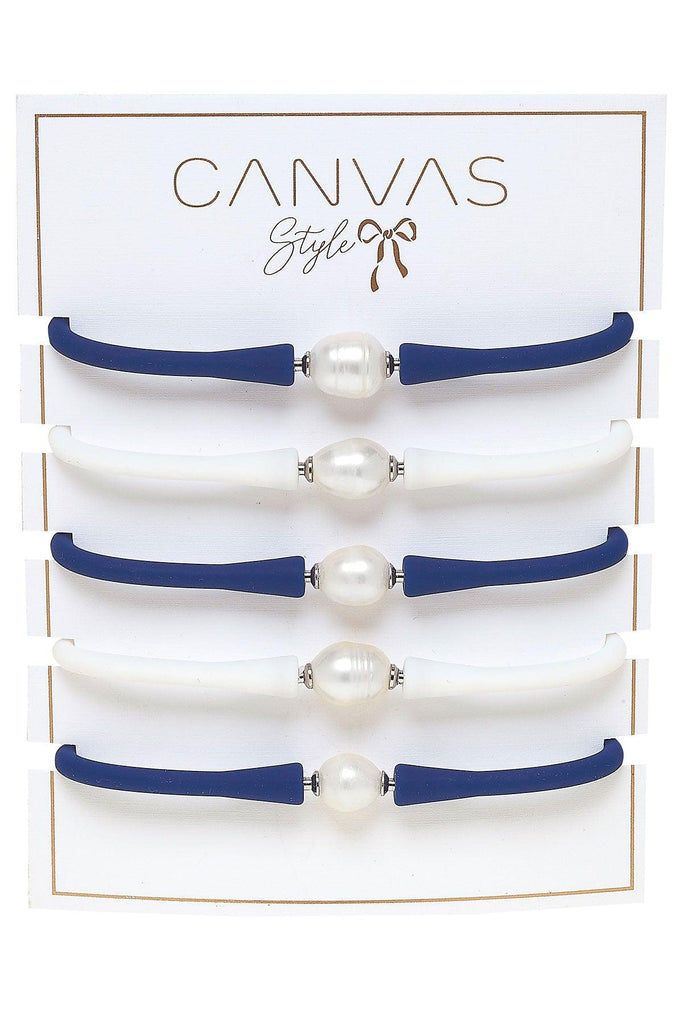 Bali Game Day Freshwater Pearl Bracelet Set of 5 in Royal Blue & White - Canvas Style