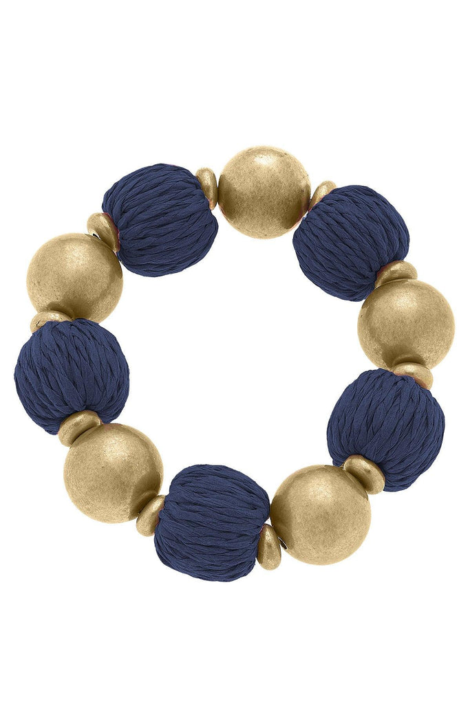 Barbados Raffia and Ball Bead Stretch Bracelet in Navy - Canvas Style