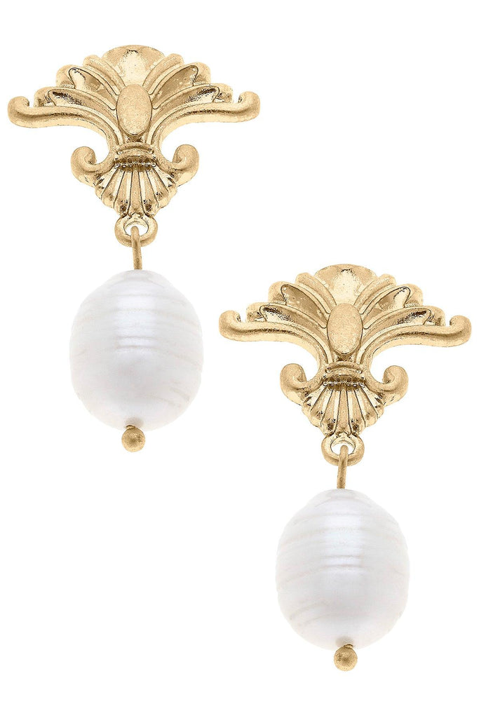 Bardot Fleur de Lis & Pearl Drop Earrings in Worn Gold - Canvas Style