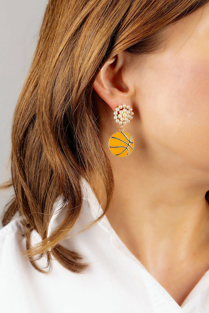 Basketball Pearl Cluster Enamel Drop Earrings in Orange - Canvas Style