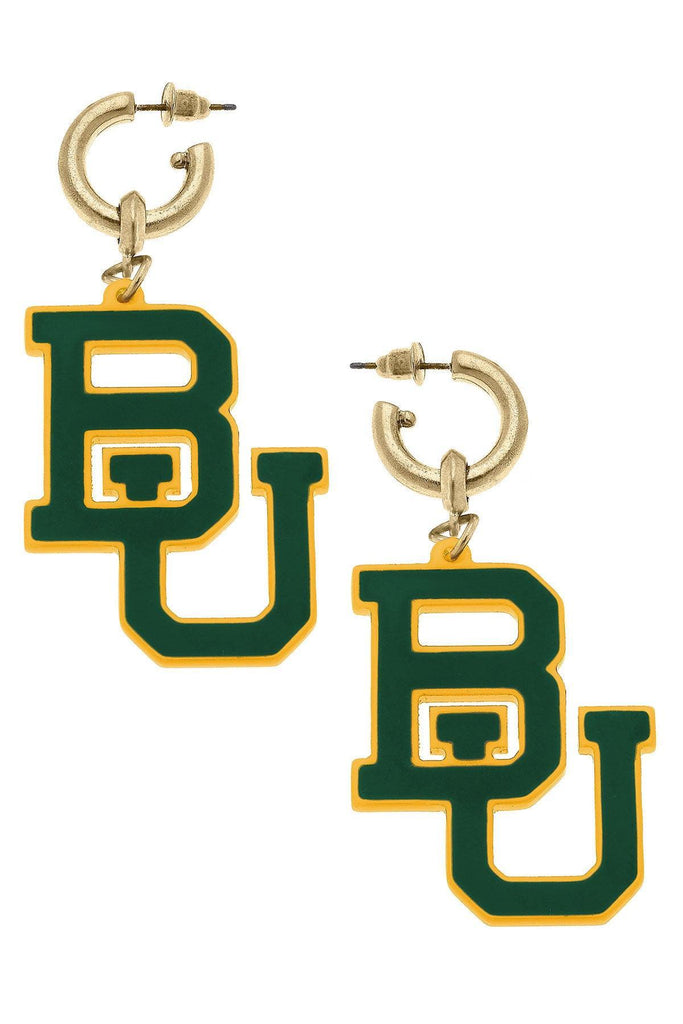 Baylor Bears Resin Logo Drop Hoop Earrings in Green/Gold - Canvas Style