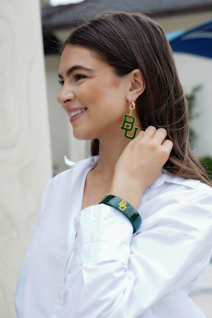 Baylor Bears Resin Logo Drop Hoop Earrings in Green/Gold - Canvas Style