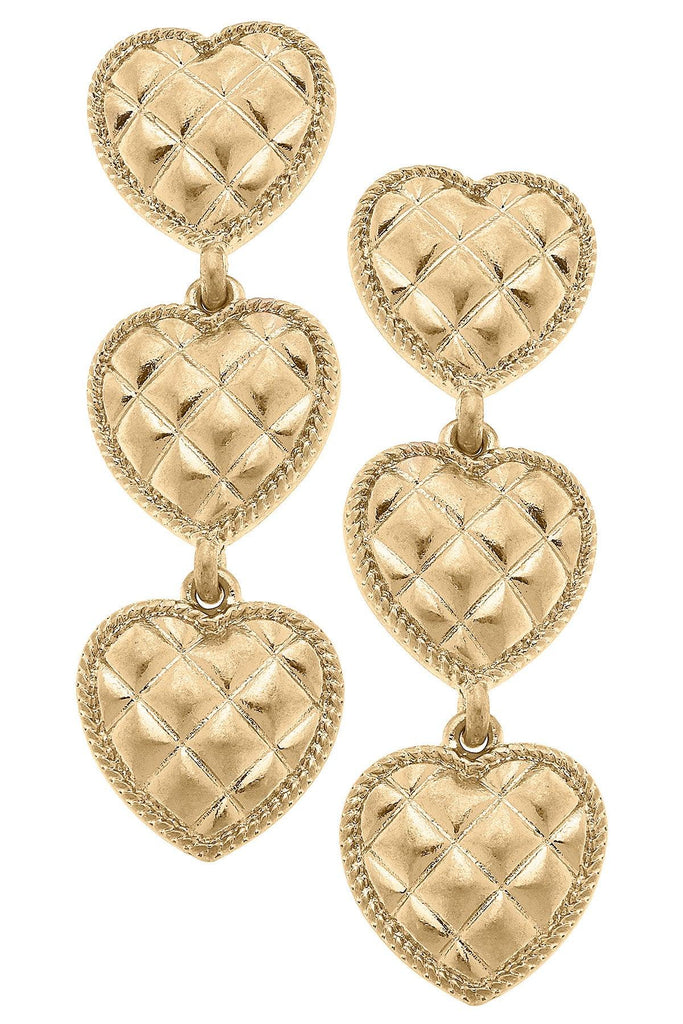 Beatrice Quilted Metal Triple Heart Drop Earrings in Worn Gold - Canvas Style