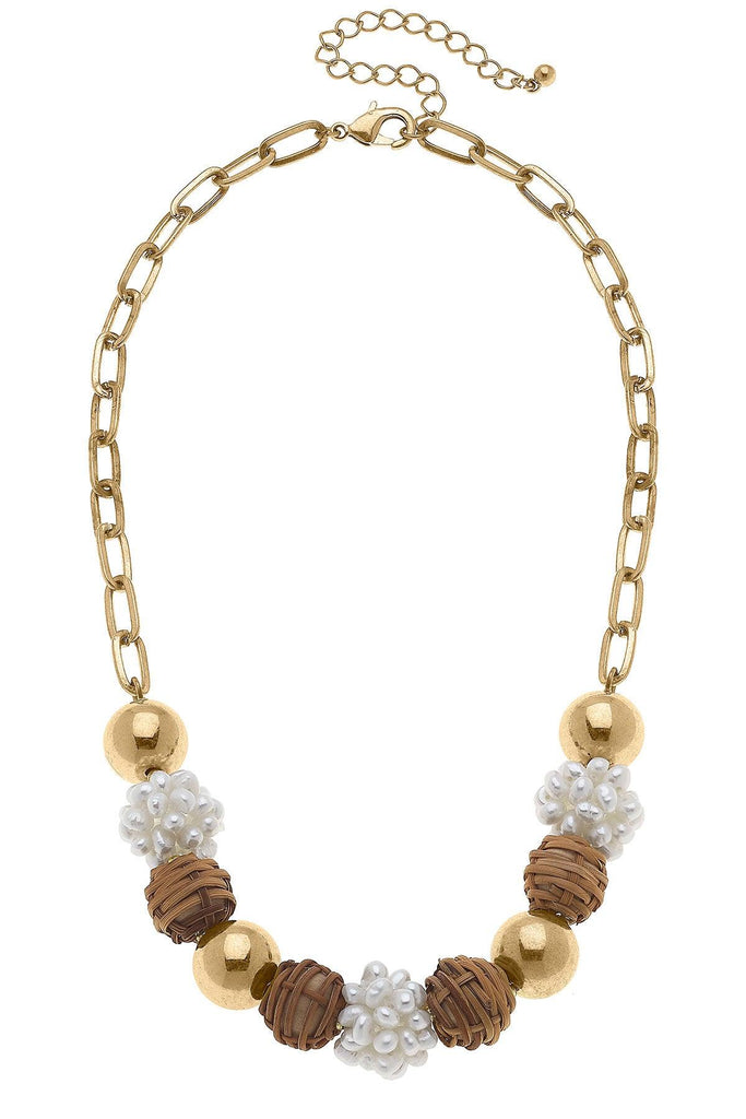 Bella Pearl Cluster & Wicker Ball Bead Necklace in Brown - Canvas Style