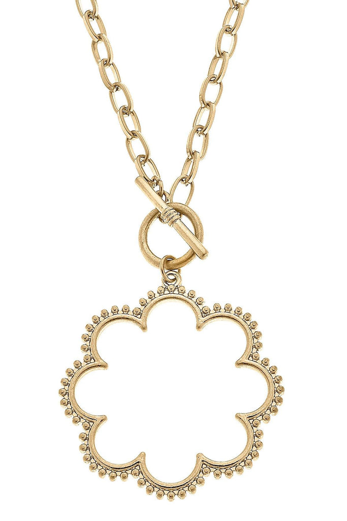 Belle Studded Flower T-Bar Necklace in Worn Gold - Canvas Style