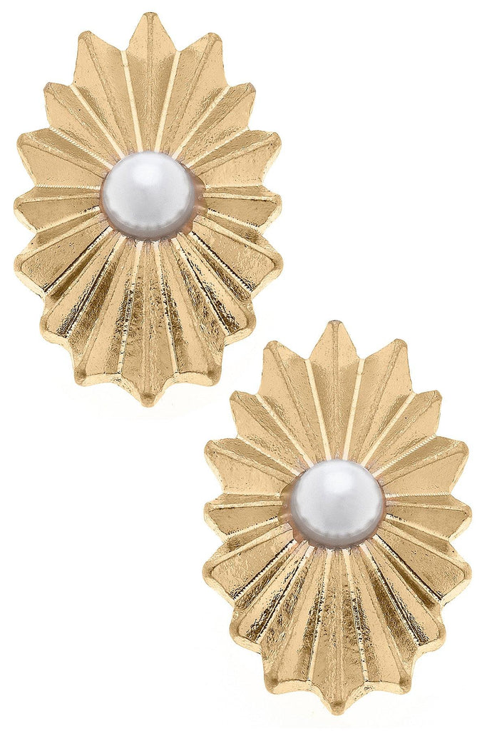 Bijou Sunburst Rosette & Pearl Stud Earrings in Worn Gold - Canvas Style