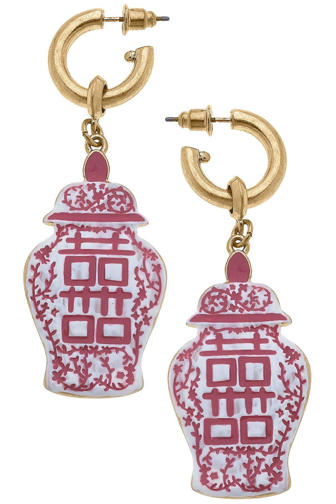 Blaire Enamel Ginger Jar Double Happiness Earrings in Pink & White - Canvas Style