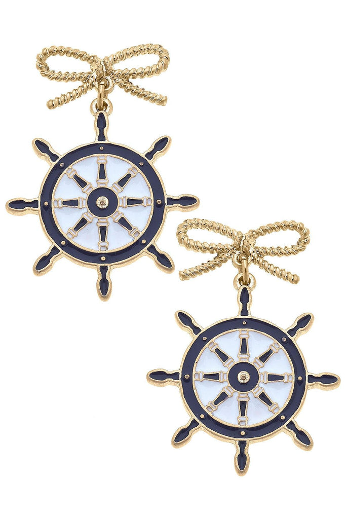 Bobbie Enamel Ship's Wheel Earrings in Navy & White - Canvas Style