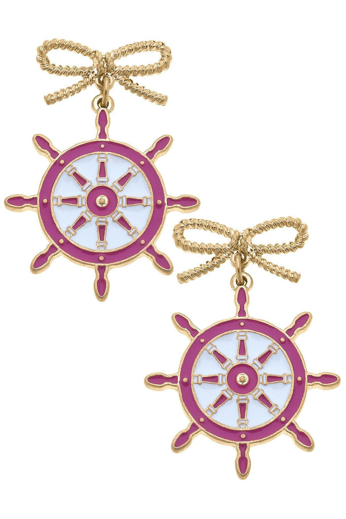 Bobbie Enamel Ship's Wheel Earrings in Pink & White - Canvas Style