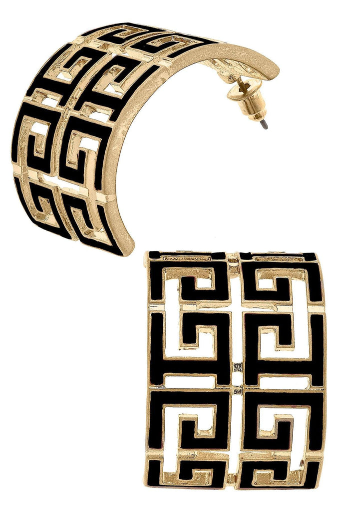 Brennan Game Day Greek Keys Enamel Hoop Earrings in Black - Canvas Style