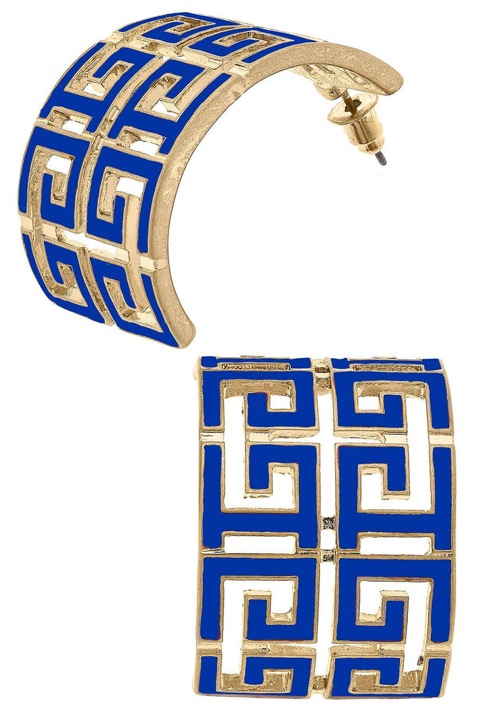 Brennan Game Day Greek Keys Enamel Hoop Earrings in Blue - Canvas Style