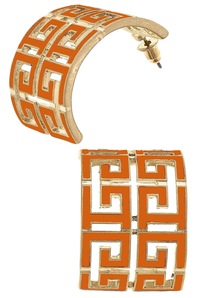 Brennan Game Day Greek Keys Enamel Hoop Earrings in Burnt Orange - Canvas Style