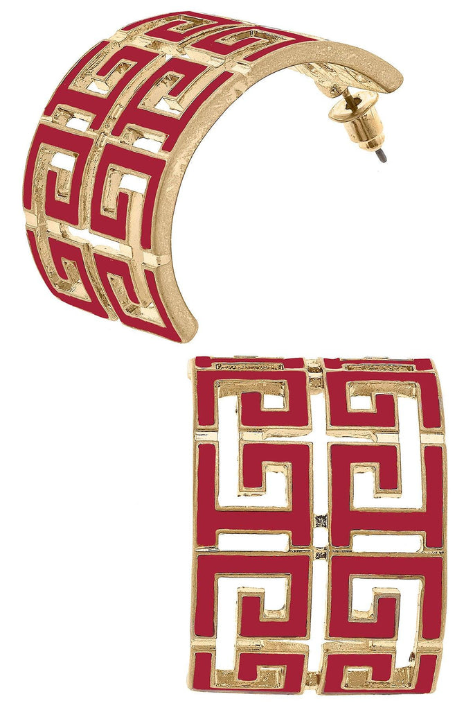 Brennan Game Day Greek Keys Enamel Hoop Earrings in Crimson - Canvas Style