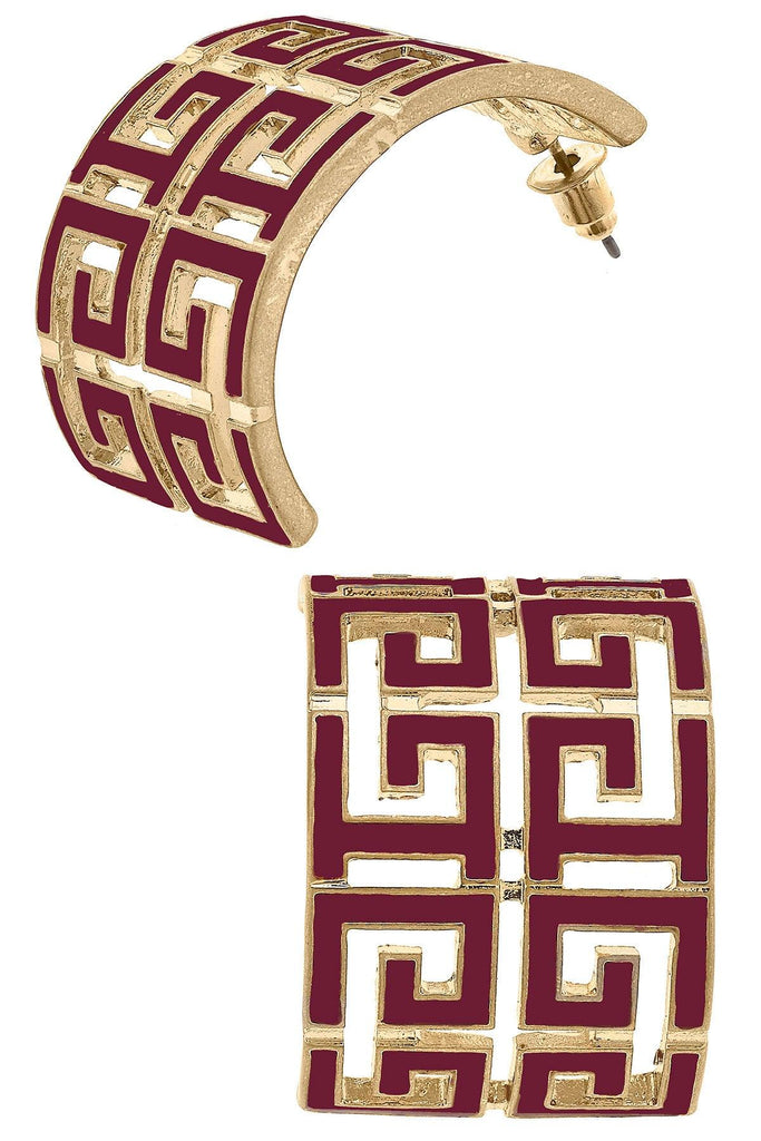 Brennan Game Day Greek Keys Enamel Hoop Earrings in Maroon - Canvas Style