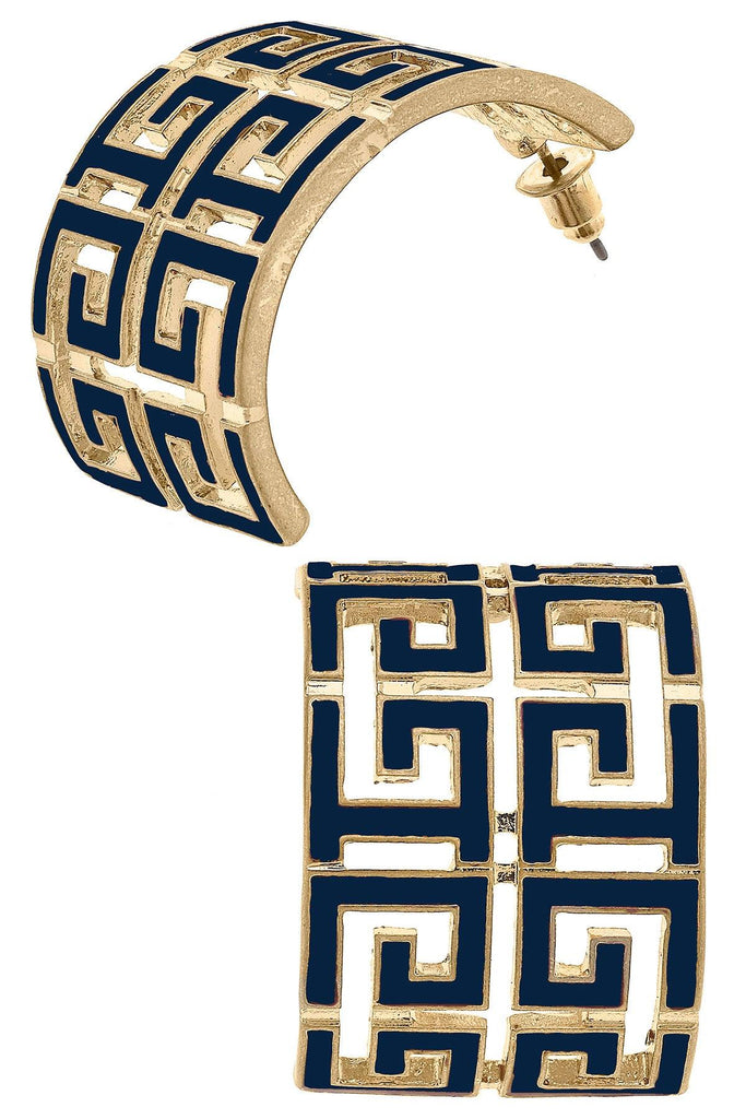 Brennan Game Day Greek Keys Enamel Hoop Earrings in Navy - Canvas Style