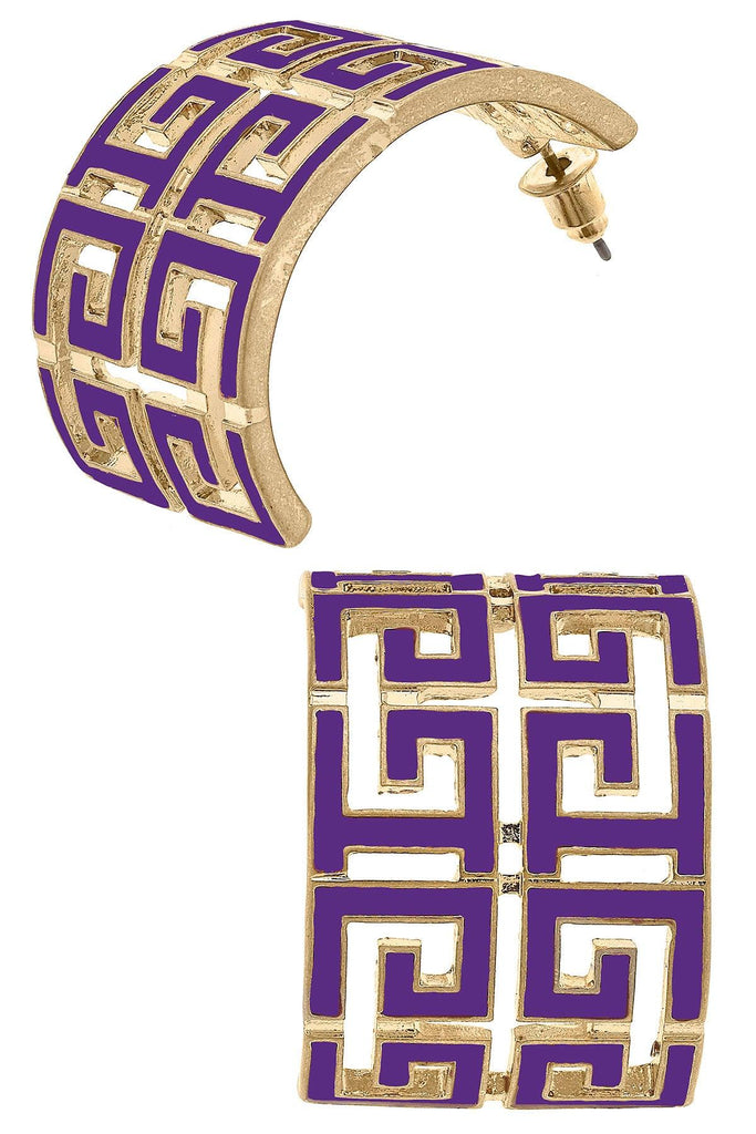 Brennan Game Day Greek Keys Enamel Hoop Earrings in Purple - Canvas Style