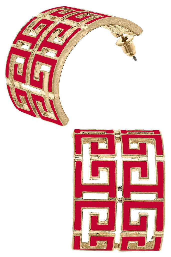 Brennan Game Day Greek Keys Enamel Hoop Earrings in Red - Canvas Style