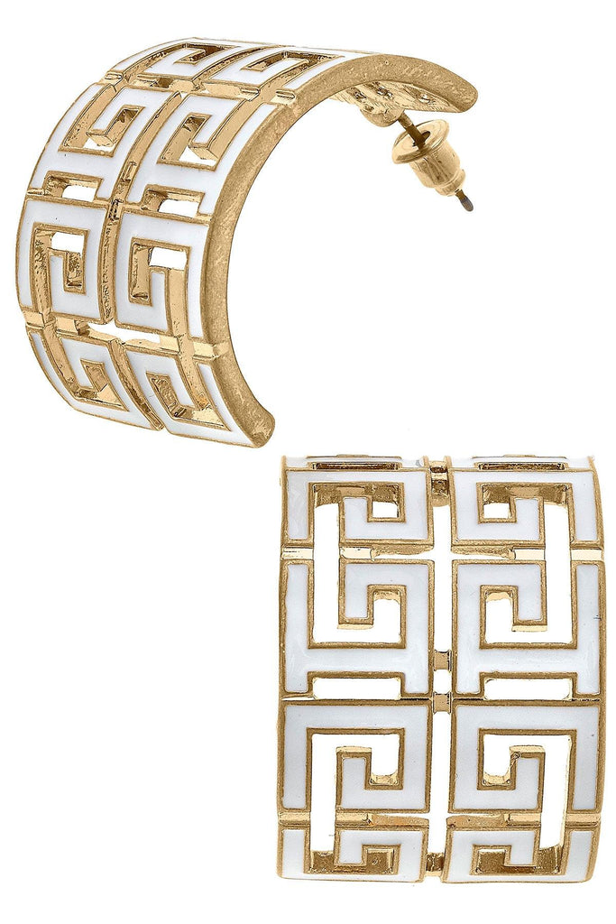 Brennan Game Day Greek Keys Enamel Hoop Earrings in White - Canvas Style