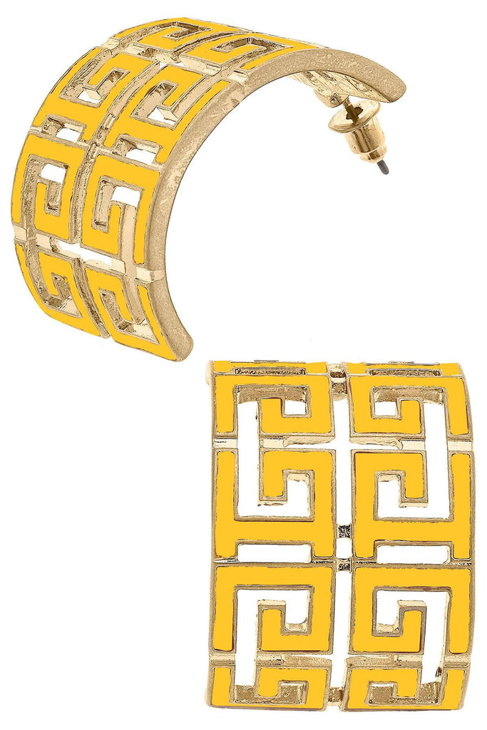 Brennan Game Day Greek Keys Enamel Hoop Earrings in Yellow - Canvas Style