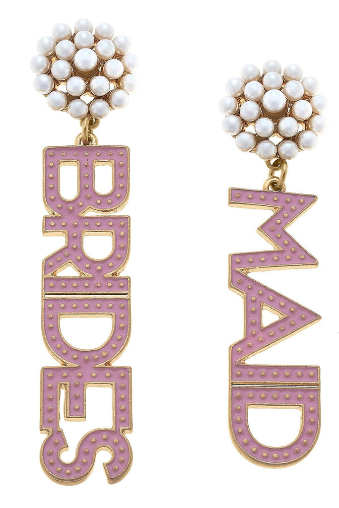 Bridesmaid Enamel & Pearl Cluster Drop Earrings in Pink - Canvas Style