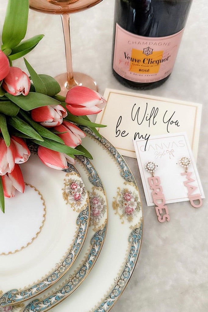 Bridesmaid Enamel & Pearl Cluster Drop Earrings in Pink - Canvas Style
