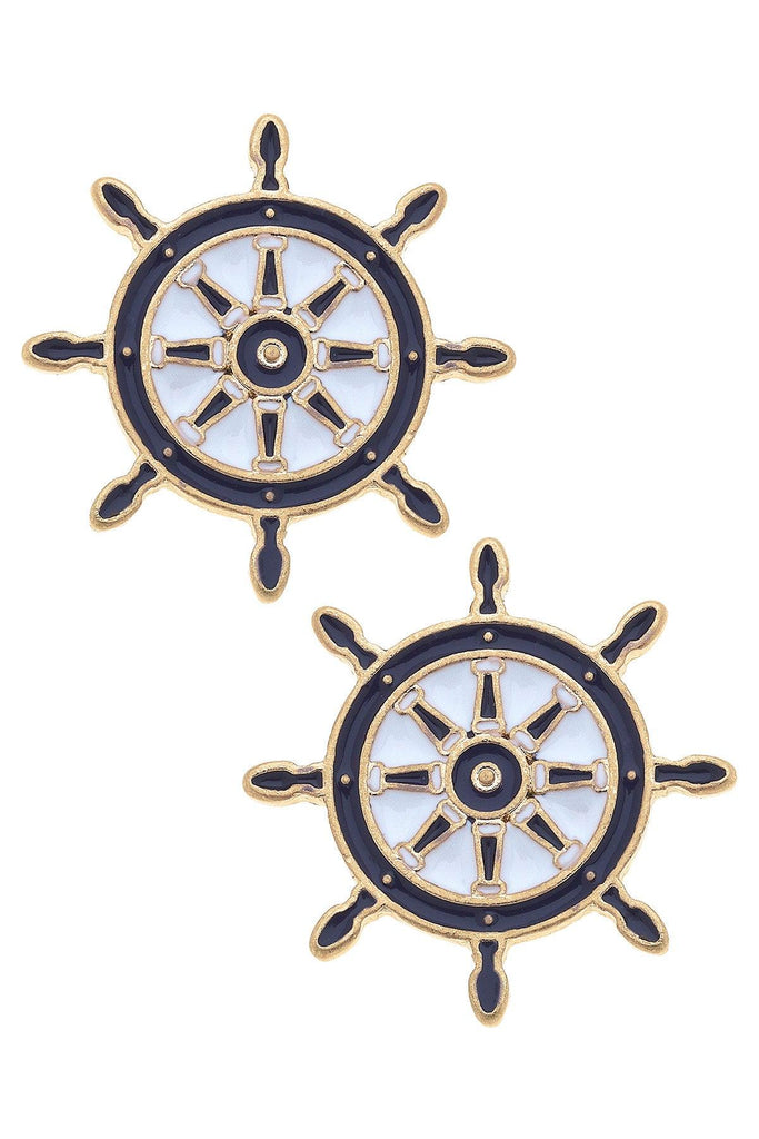 Bridget Enamel Nautical Ship's Wheel Stud Earrings in Navy & White - Canvas Style