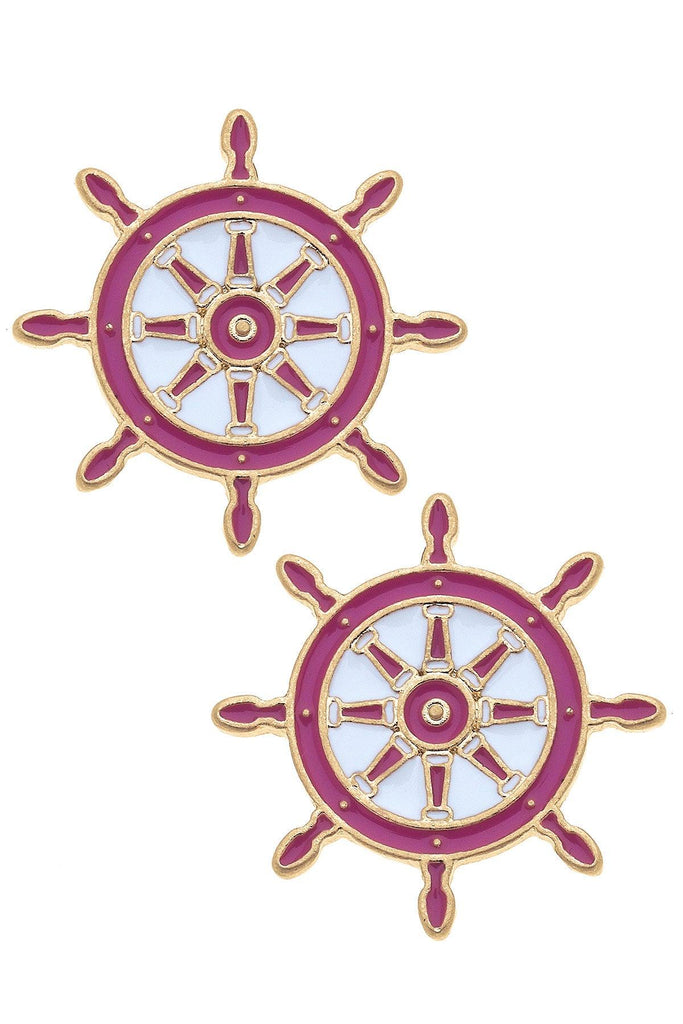 Bridget Enamel Nautical Ship's Wheel Stud Earrings in Pink & White - Canvas Style