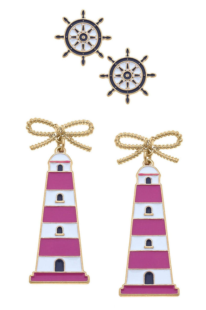 Bridget Navy Nautical Ship's Wheel Stud and Luna Pink Lighthouse Earring Set - Canvas Style